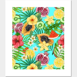 Tropical mix-fruit, flowers and leaves on blue Posters and Art